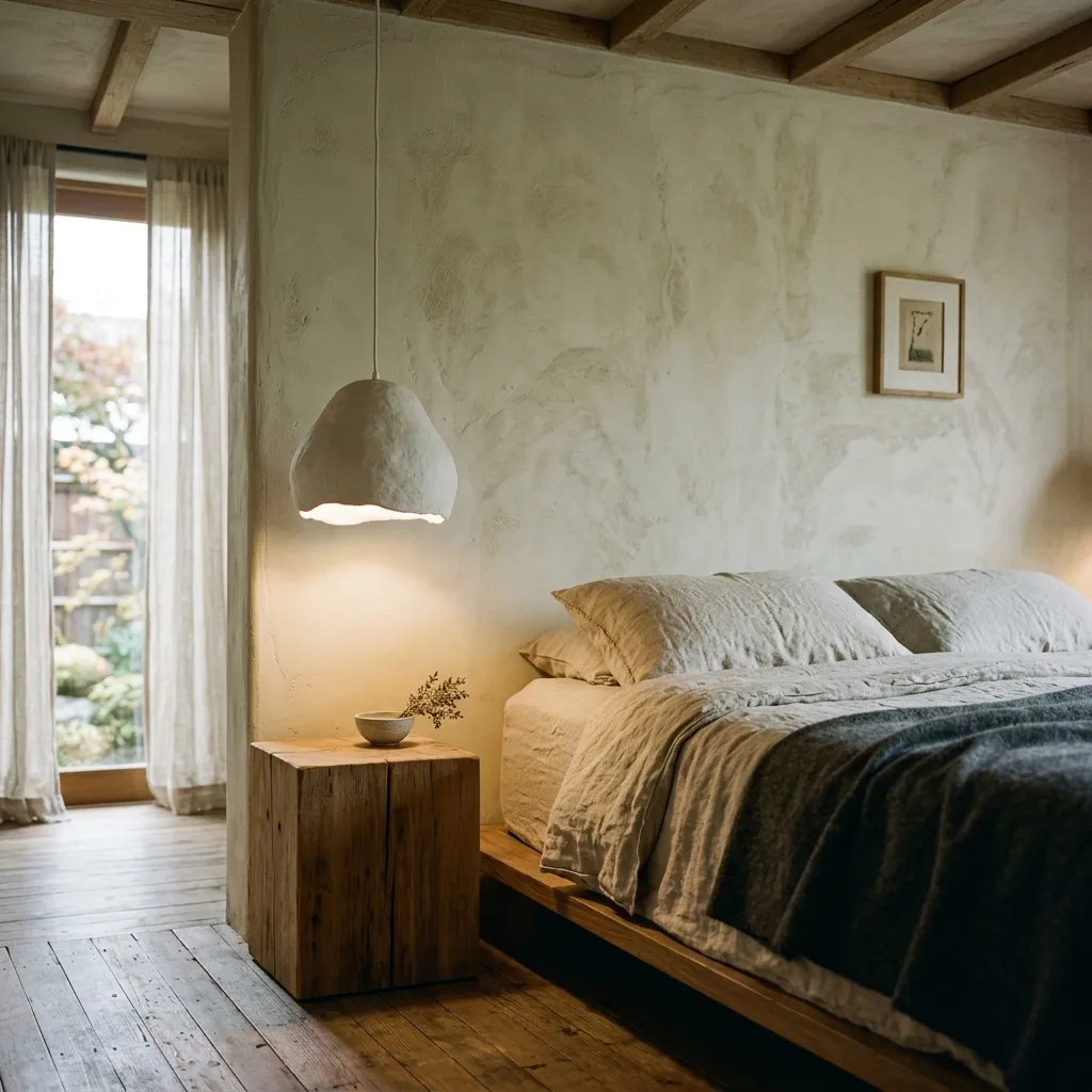 Wabi-Sabi Bedroom with Bedside Pendant Lighting - Hana Style