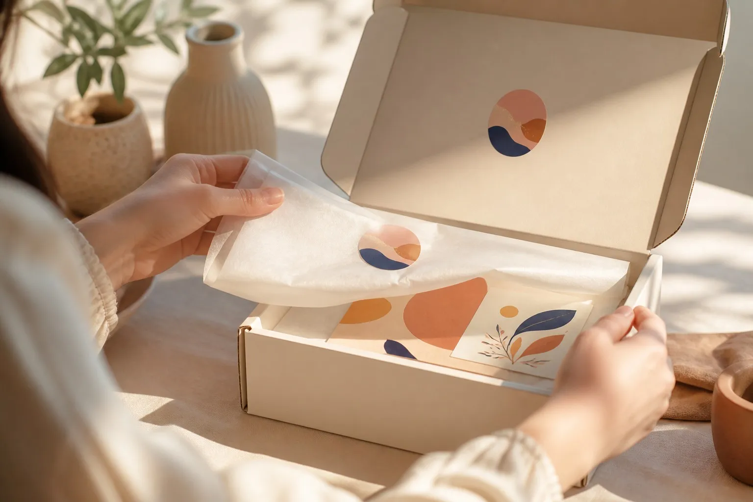 Unboxing moment hands opening mailer box sealed with brand sticker
