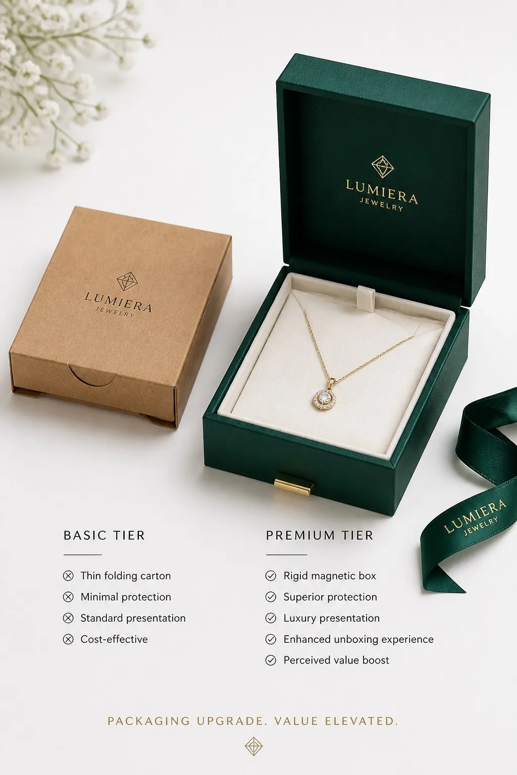 Plain kraft folding carton beside an upgraded emerald rigid magnetic box with gold foil logo and velvet interior