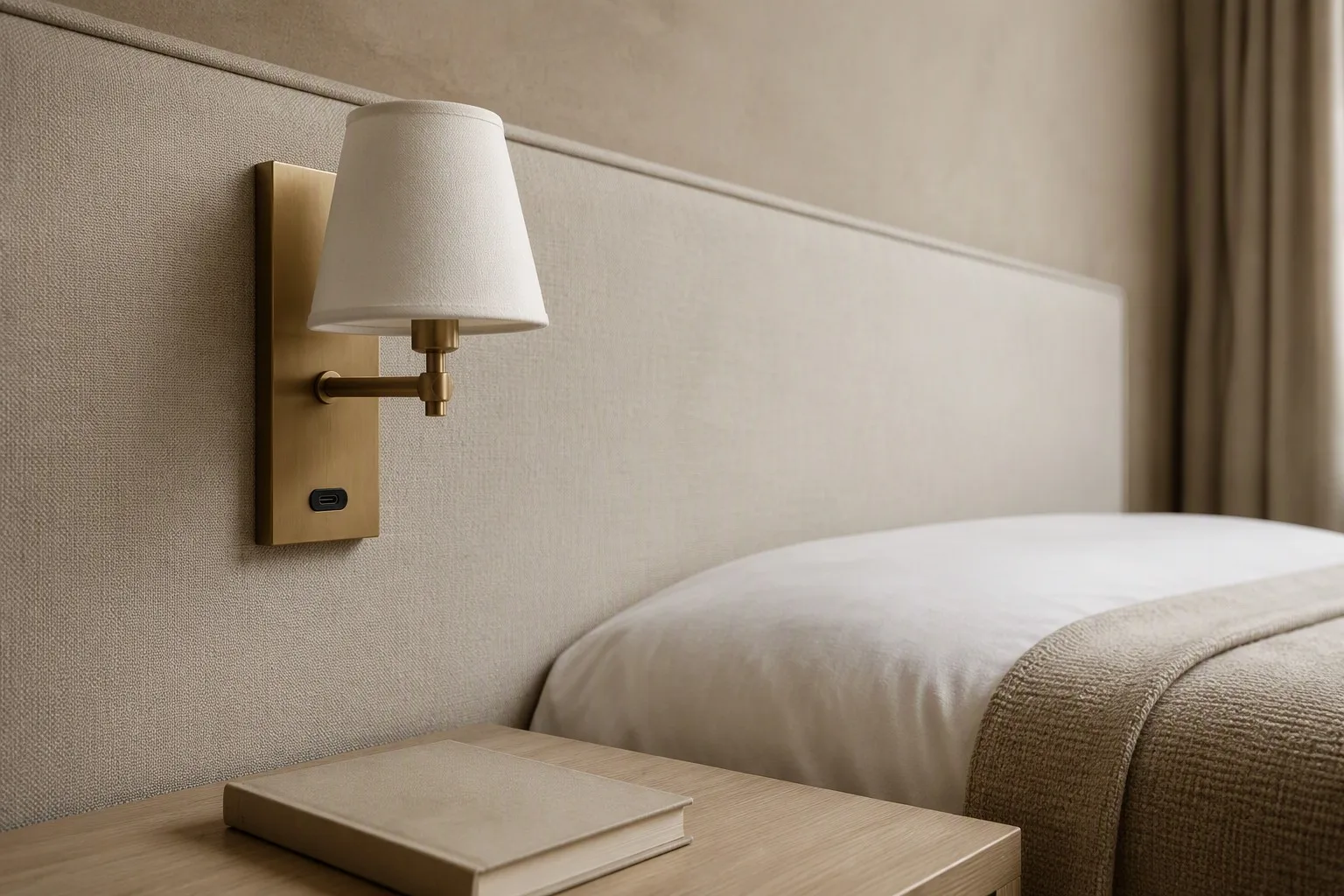 Brass bedside reading light with an off-white fabric shade and an integrated charging socket in its backplate