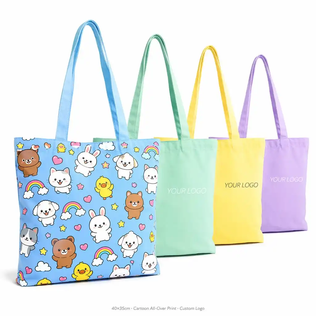 Pastel macaron canvas totes with cartoon all-over print