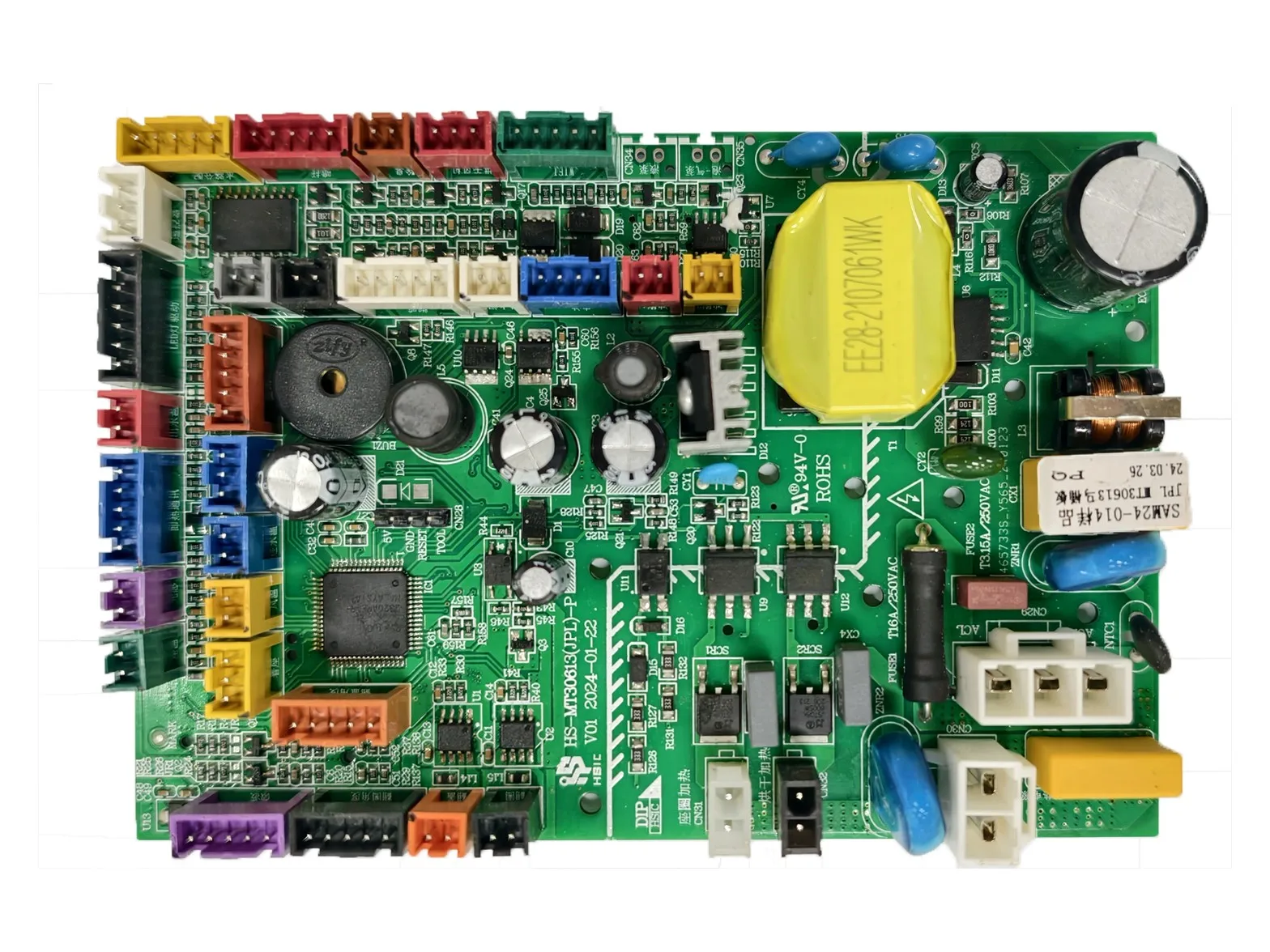 Green smart toilet control PCBA with MCU, transformer, relay and rows of colored function connectors