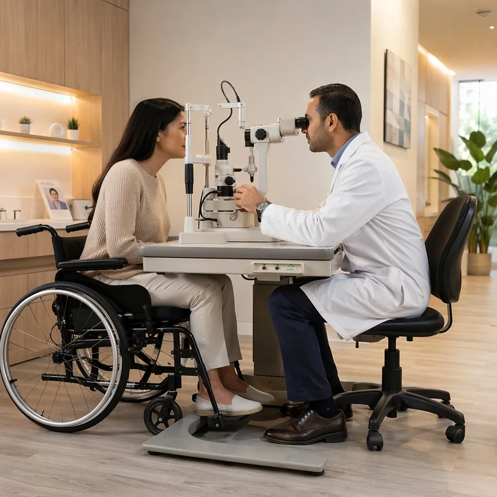 Wheelchair patient using accessible ophthalmic examination table with open-base design