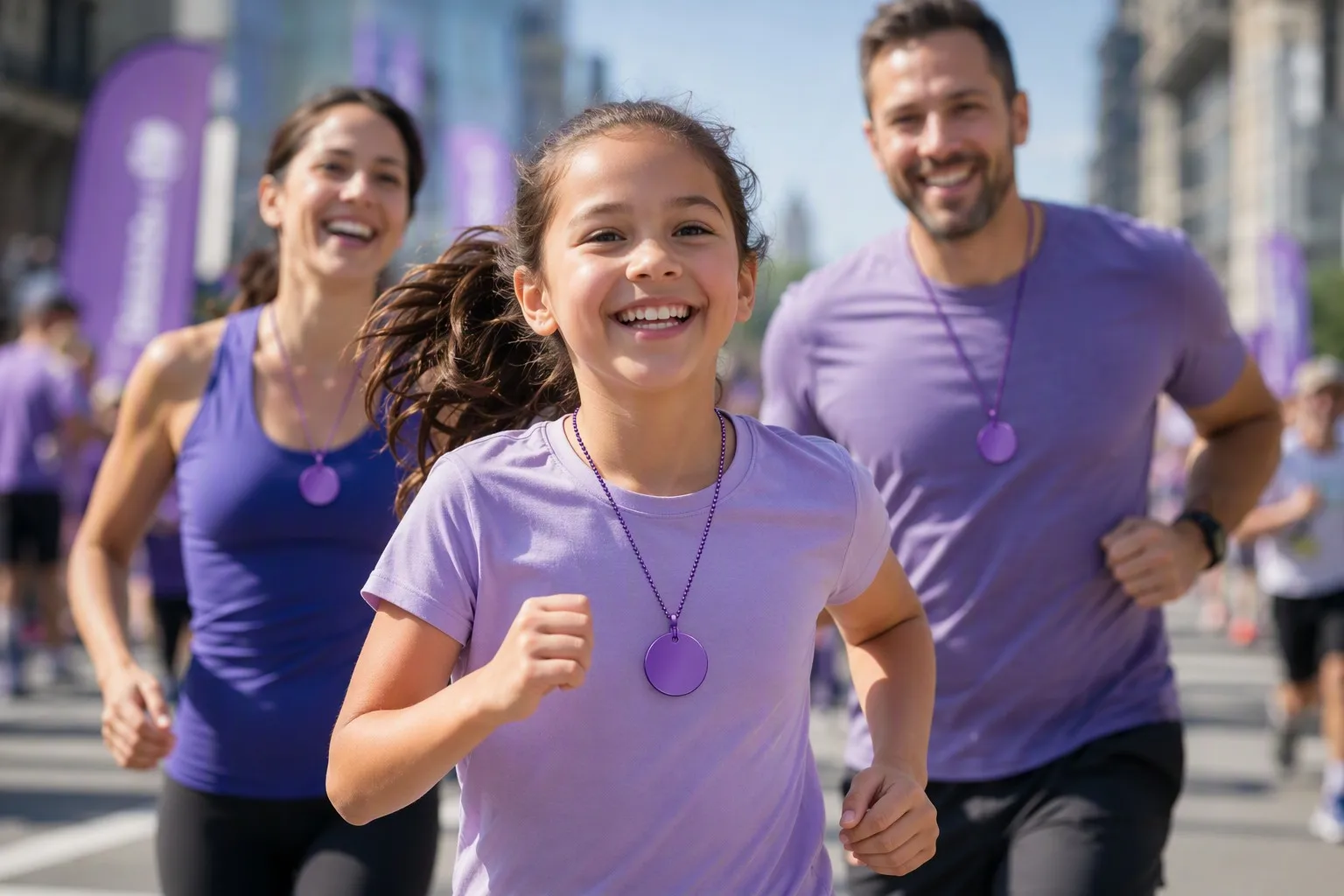 Family running charity fun run with event tags