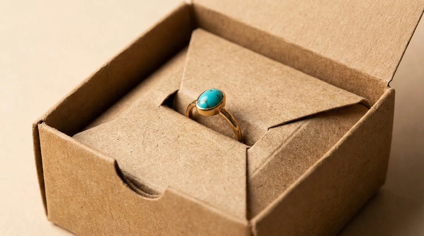 A gold turquoise ring held securely in a custom-folded unbleached kraft cardstock insert inside an open box.