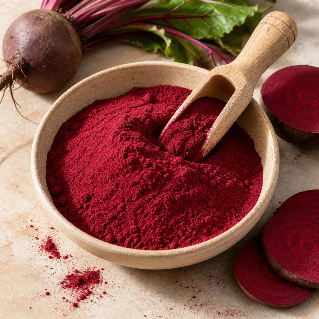 Fine red beetroot powder with fresh beet roots