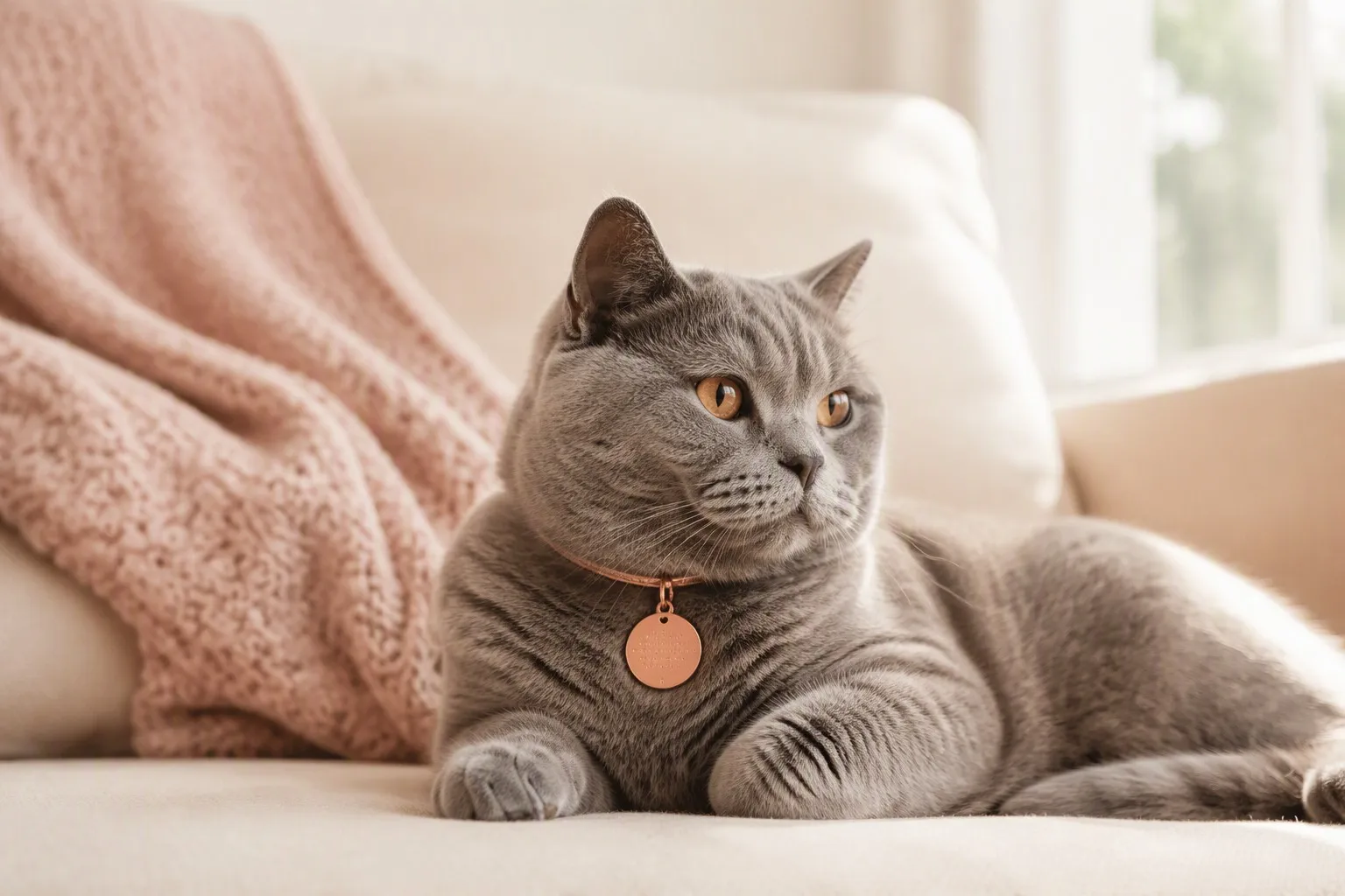 Cozy cat at home wearing rose gold round pet tag