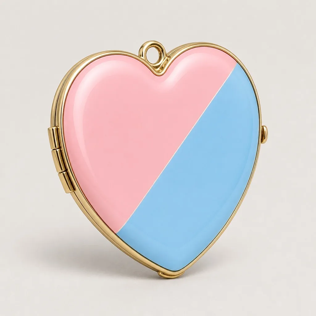 Heart shaped enamel makeup mirror profile view