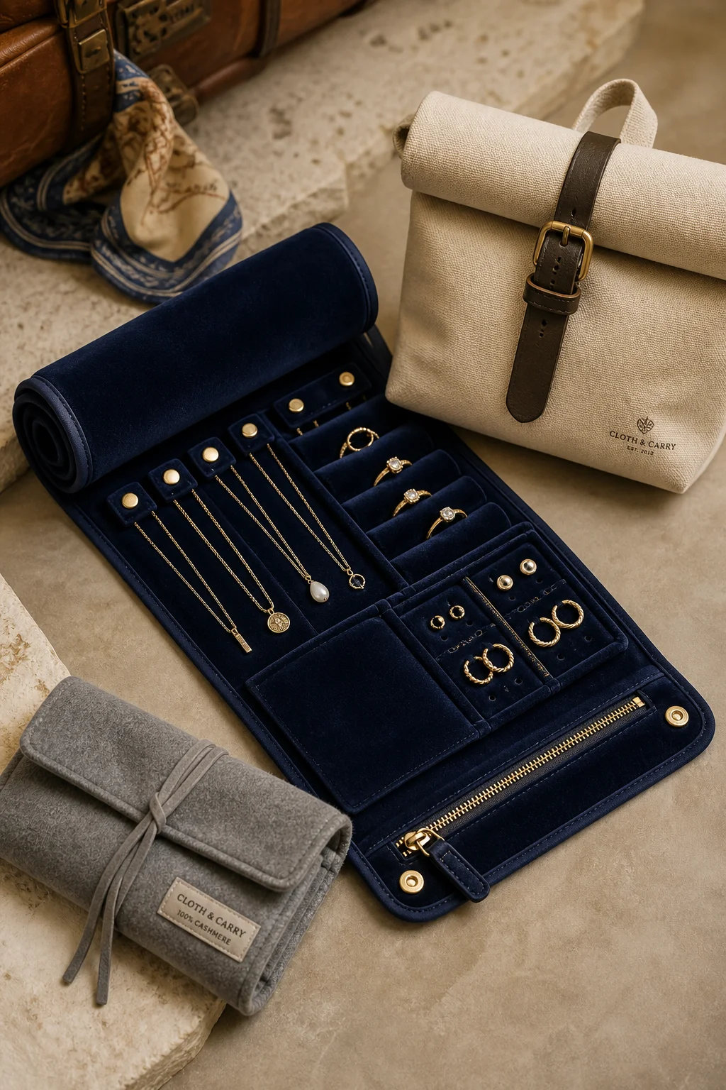 Navy velvet roll-up organizer with necklace slots and ring pockets laid flat and partially rolled, with a canvas roll-top bag