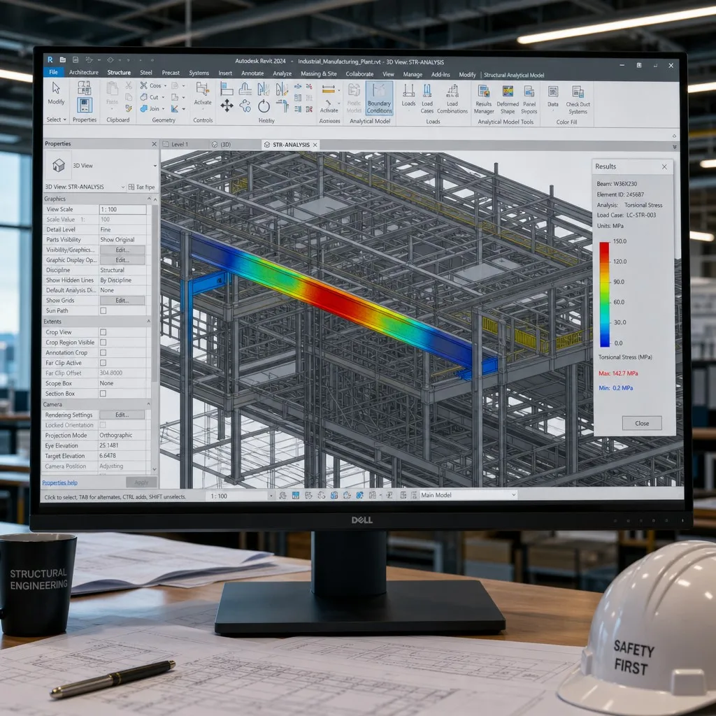 3D BIM stress simulation highlighting torsional hotspots in an industrial frame 3D BIM stress simulation highlighting torsional hotspots in an industrial frame