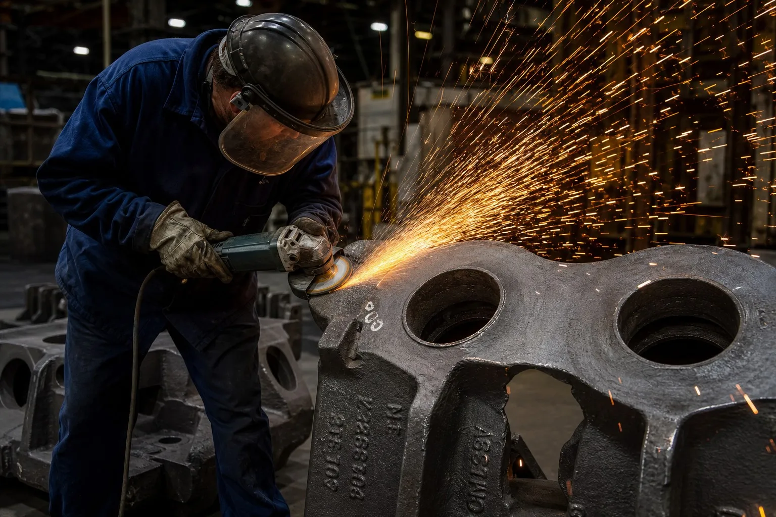 Worker grinding and fettling large steel casting with angle grinder and sparks