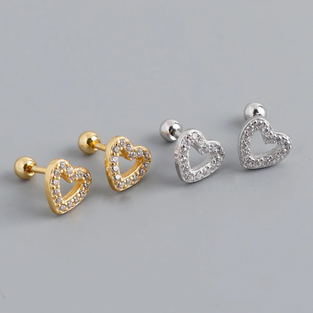 Cute 925 Sterling Silver Zircon Day Heart Stud Earrings Real Gold Plating Hollow Small Heart Earring For Girls Women Jewelry