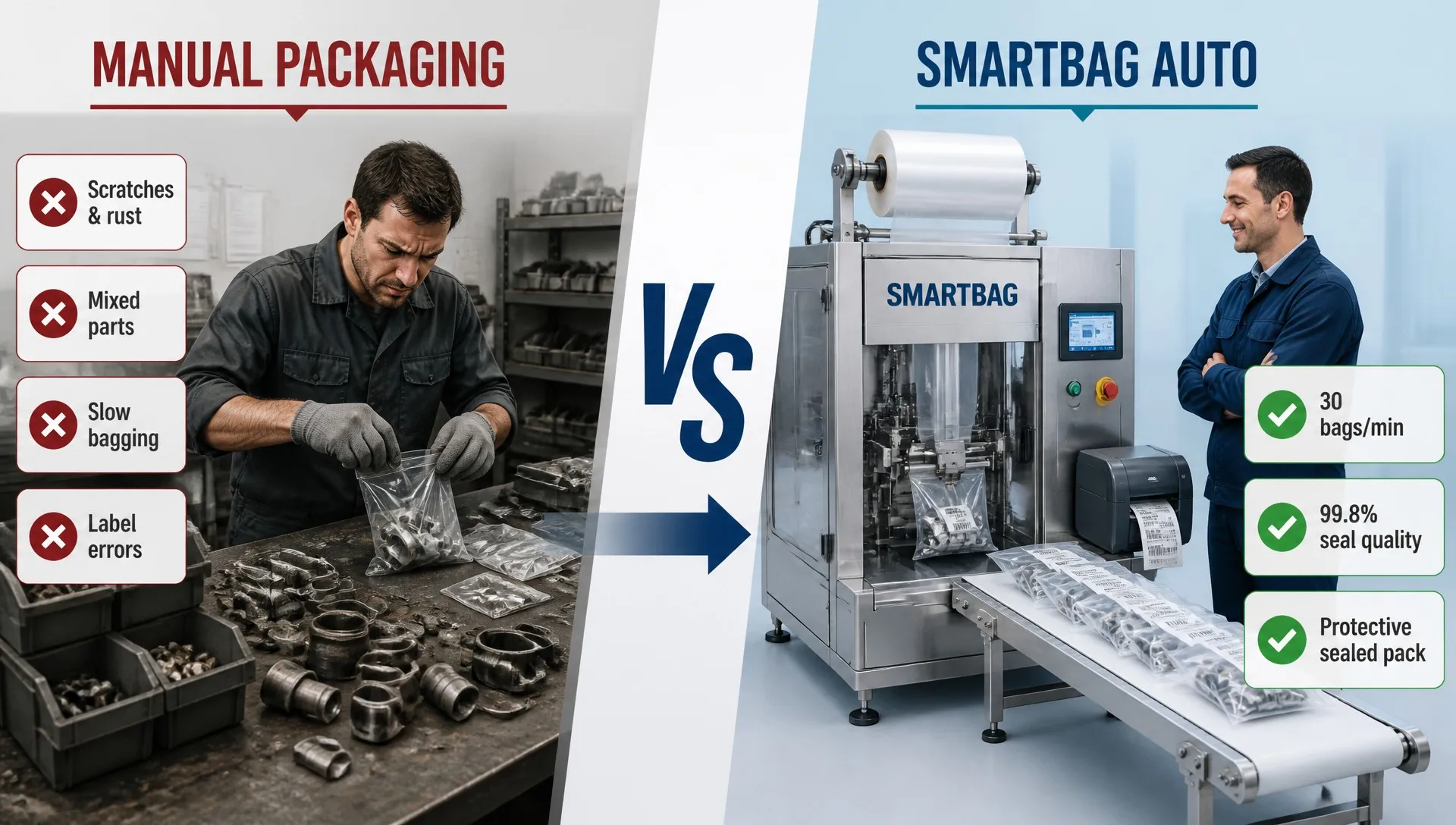 news-1-1 Manual packaging pain points vs SMARTBAG automatic bagging solution for knife sheath fittings and machine parts