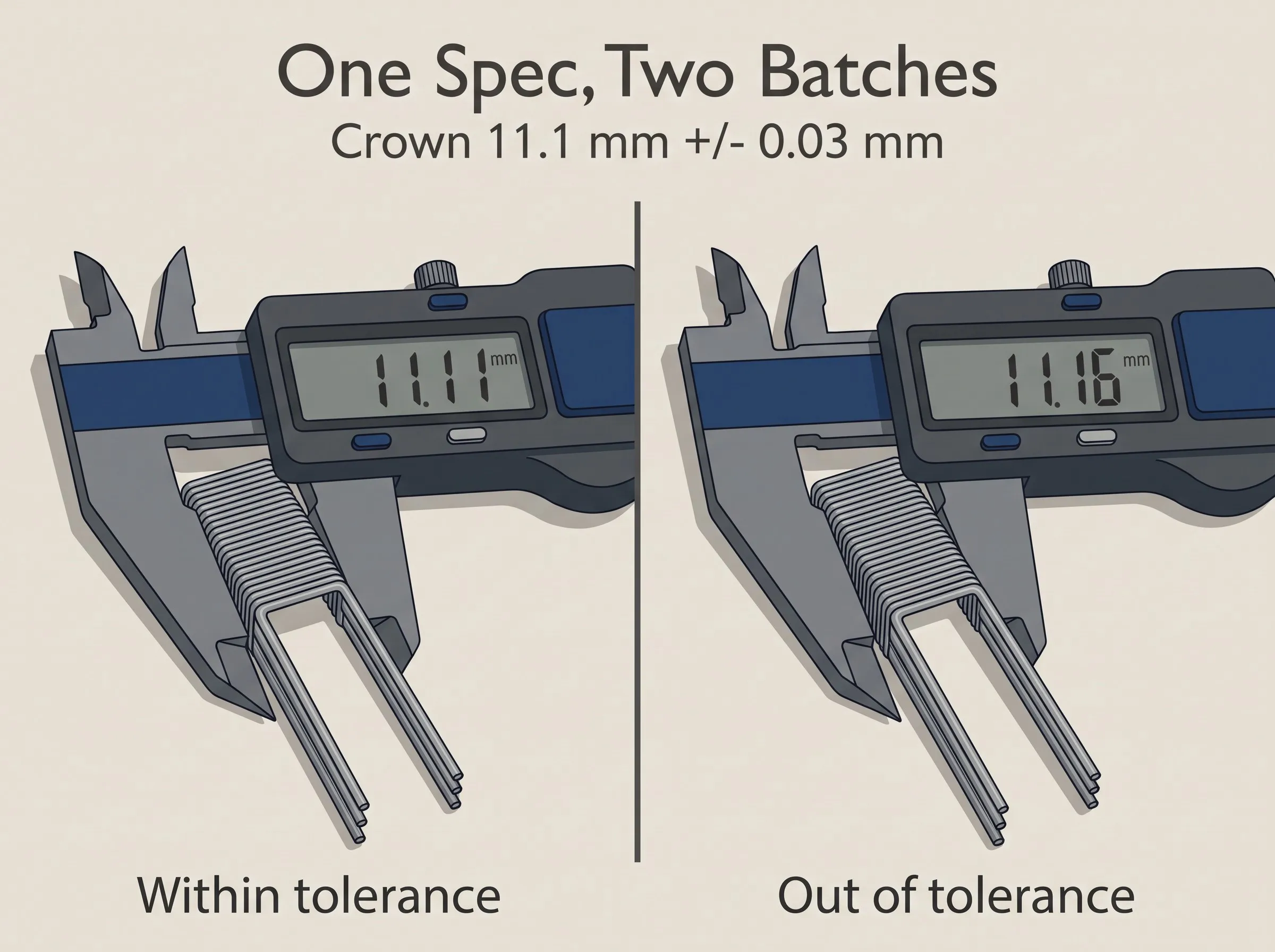 Two batches of staples measured at the crown, one within tolerance and one out of tolerance