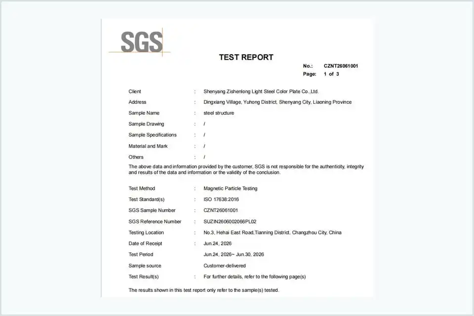 SGS steel structure magnetic particle testing report CZNT26061001