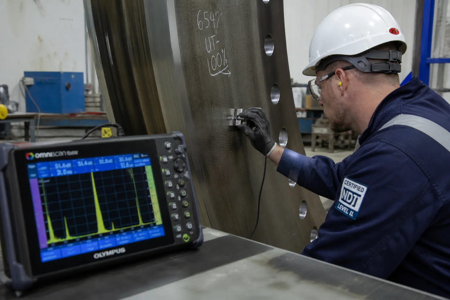 NDT inspector conducting volumetric ultrasonic testing UT on rolling face cross-section of kiln tyre