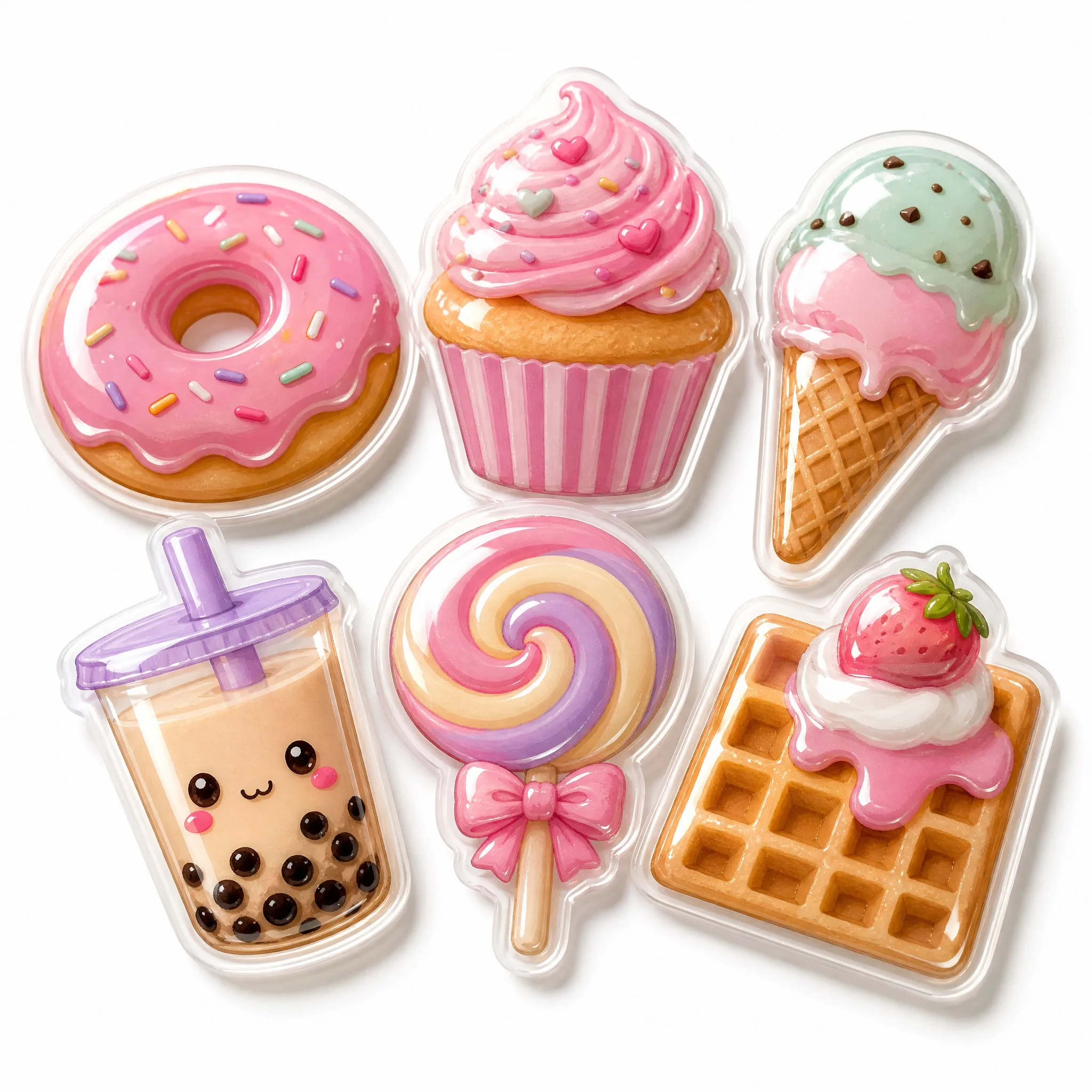 Custom 3D epoxy domed sticker set - six cute dessert designs on white background