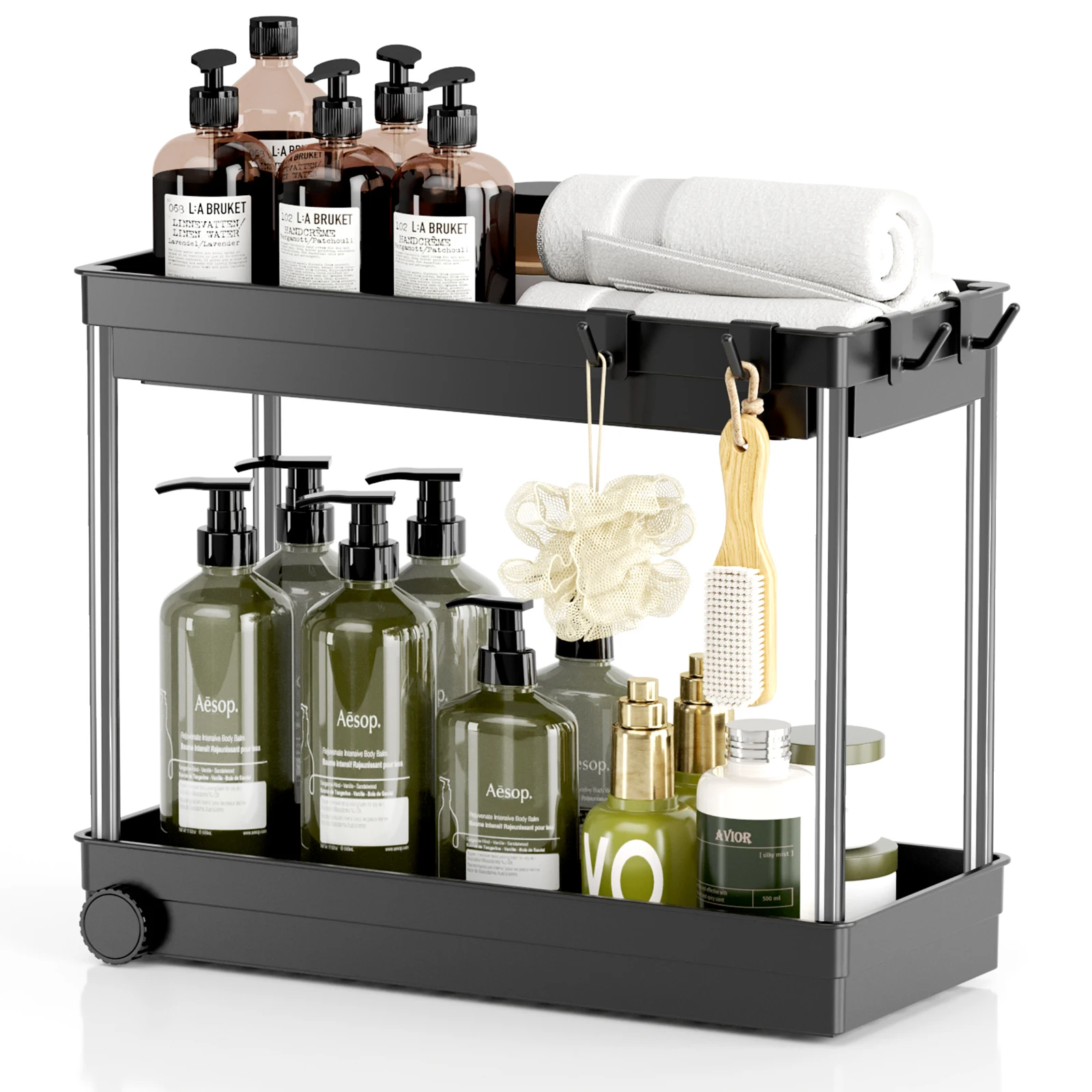 

Under Sink Organizer for Bathroom & Kitchen Pull-Out Storage Rack with Anti-slip Pads & Hooks 2 Tier
