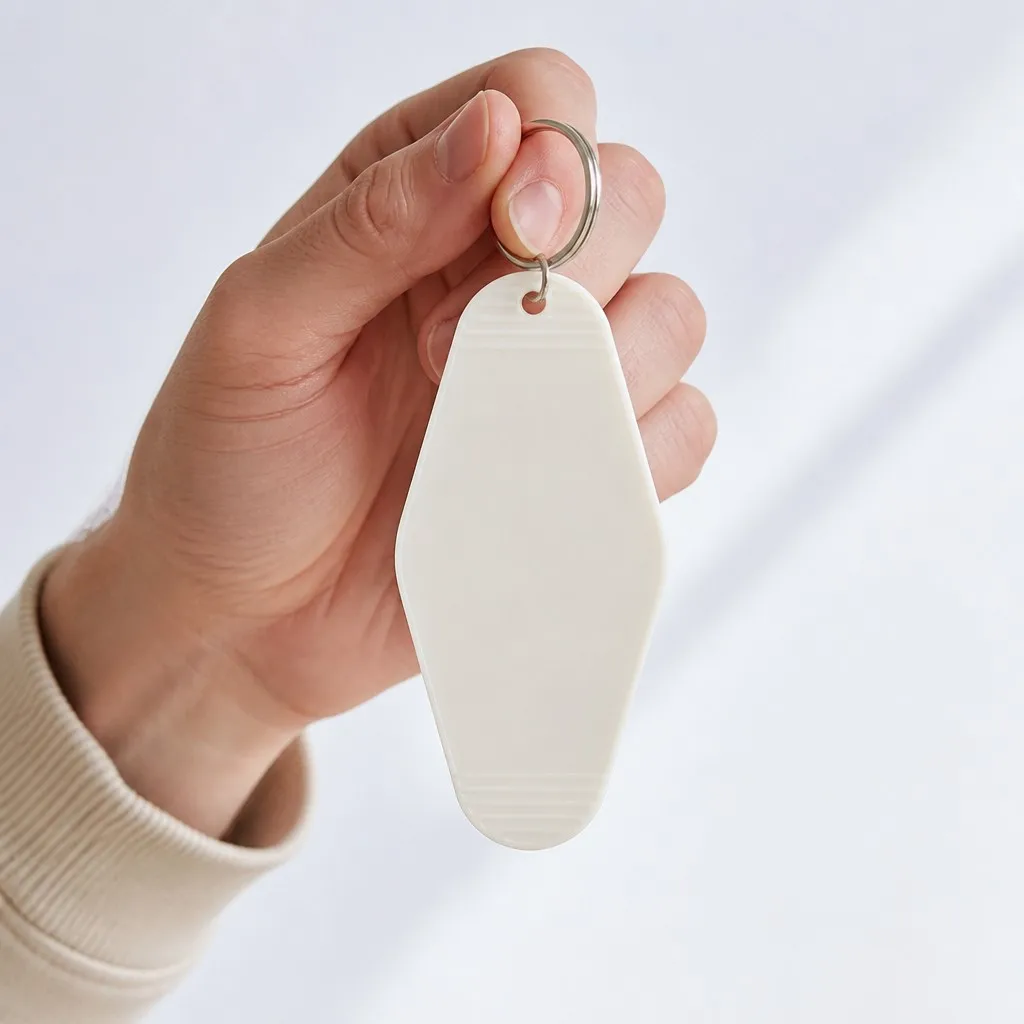 Person holding blank motel key tag