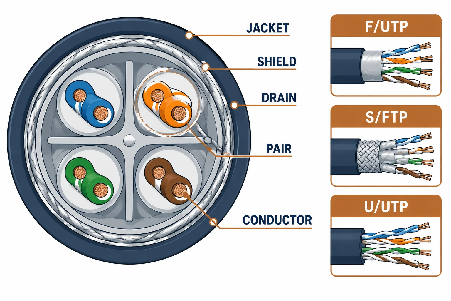 Cross-section of a shielded twisted pair cable showing jacket, shield, drain wire and pairs