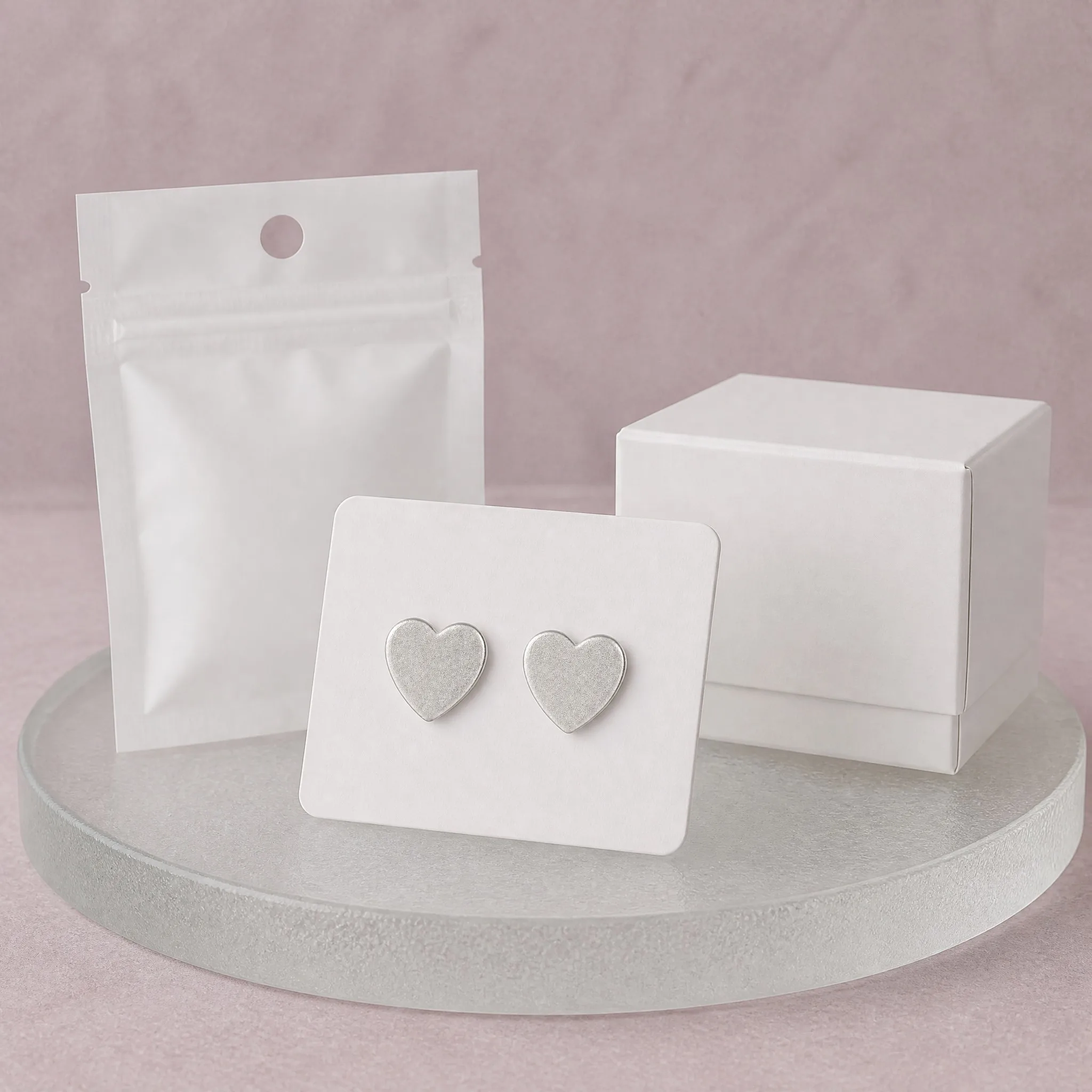 Sandblasted heart earrings packaging and gift box