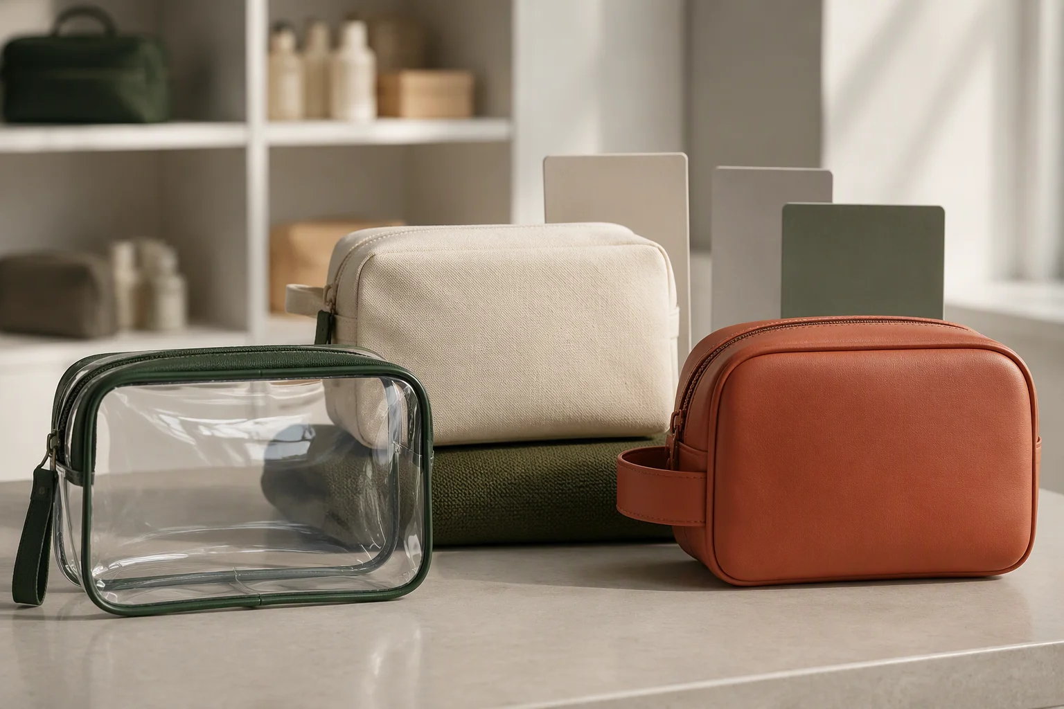 Three unbranded cosmetic bag formats arranged for a beauty retail and wholesale assortment review