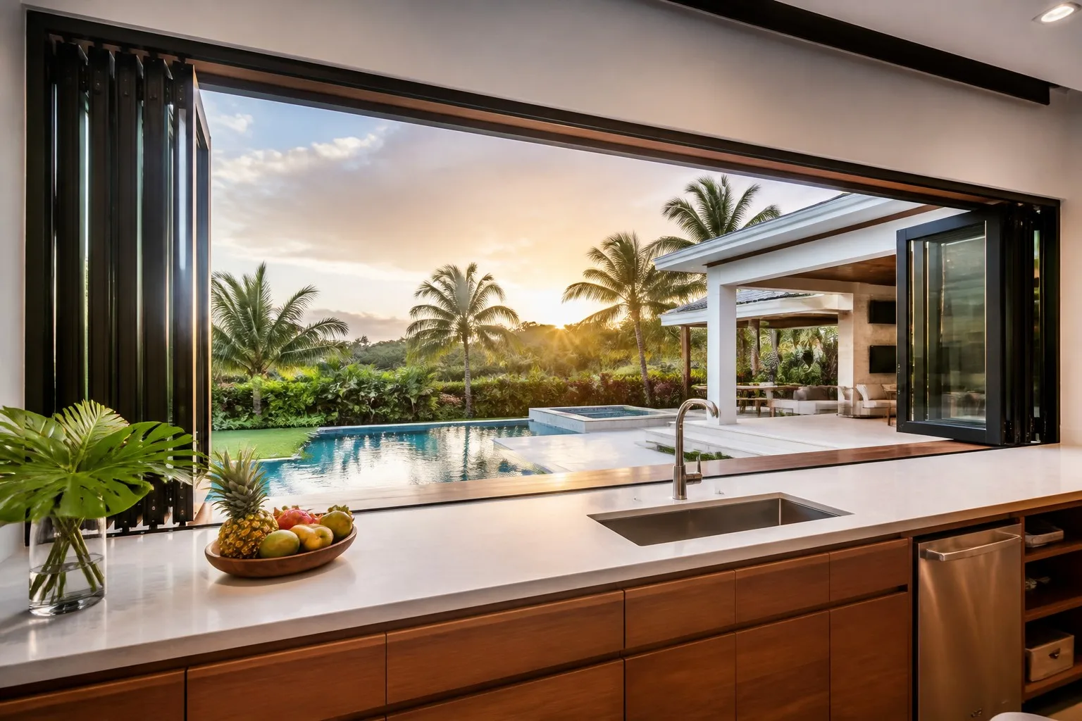 Luxury villa kitchen with black aluminum folding window open as servery pass-through pool patio