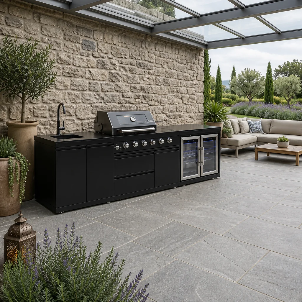 Matte black modular outdoor kitchen with built-in gas grill, sink and double glass door cooler on a stone terrace - LUOQI outdoor kitchen