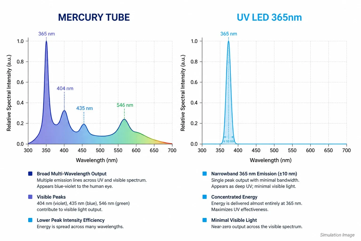 光谱对比卡:汞灯管宽发射光谱与 365nm 紫外 LED 窄峰光谱