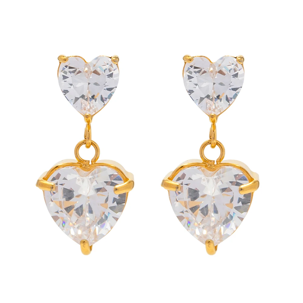 

Tarnish-Free 18K Gold Plated Stainless Steel Earring Double Heart Big Size Zircon Inlaid Drop Earring