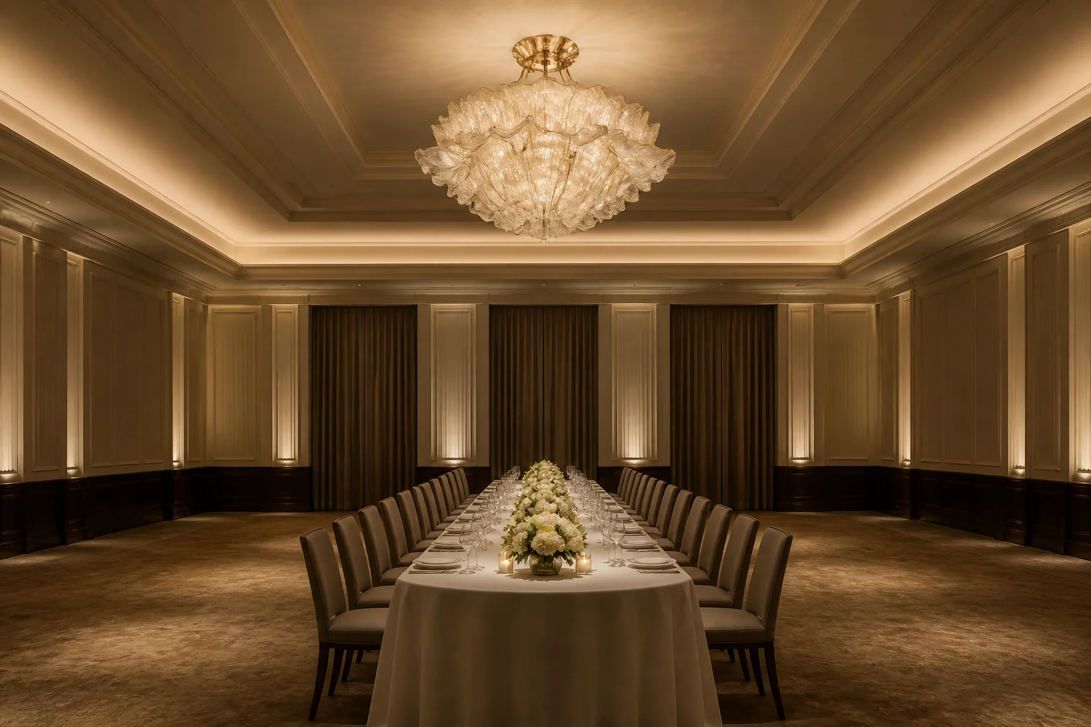 A hotel ballroom at night with one long banquet table beneath a large decorative ceiling centrepiece and a lit cove