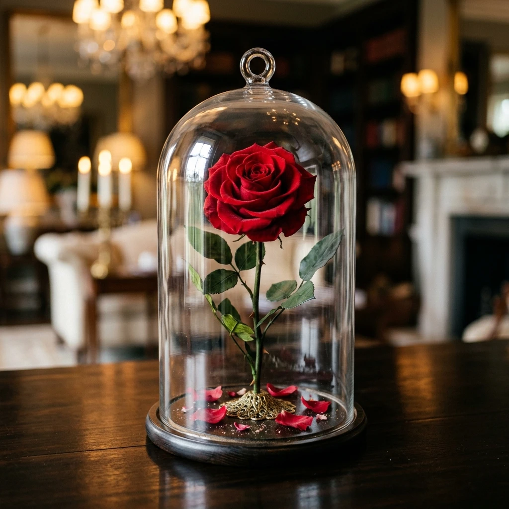 Beauty and the Beast Enchanted Rose in Glass Dome