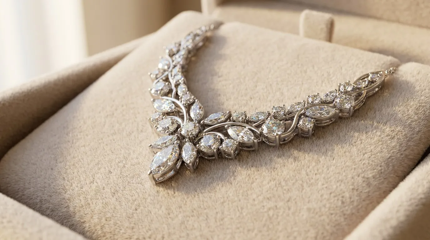 Macro close-up of a white gold diamond necklace resting on dense, lint-free microfiber fabric.
