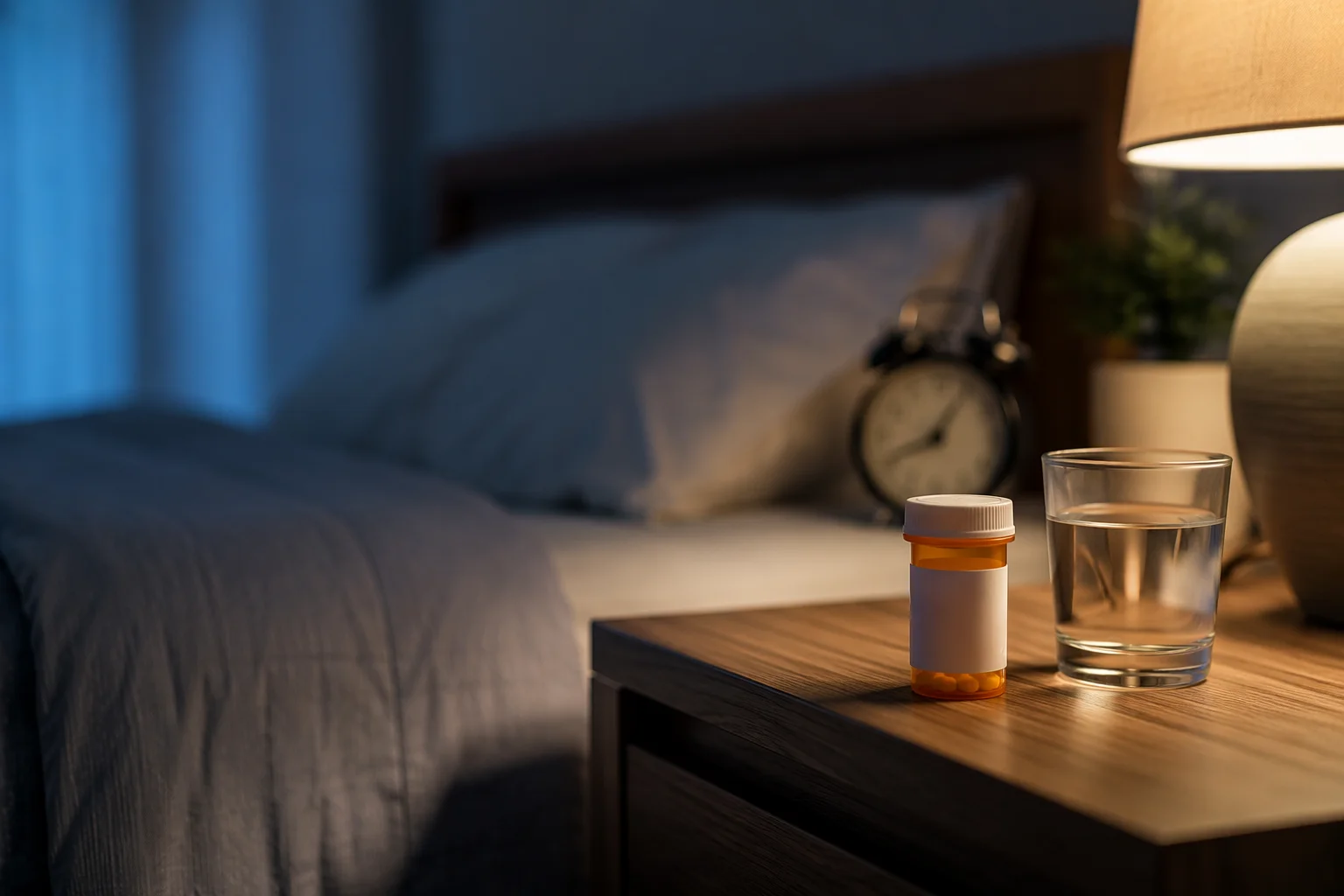 Amber pill bottle and glass of water on a bedside table at night, showing how Ambien fits into a nighttime sleep routine