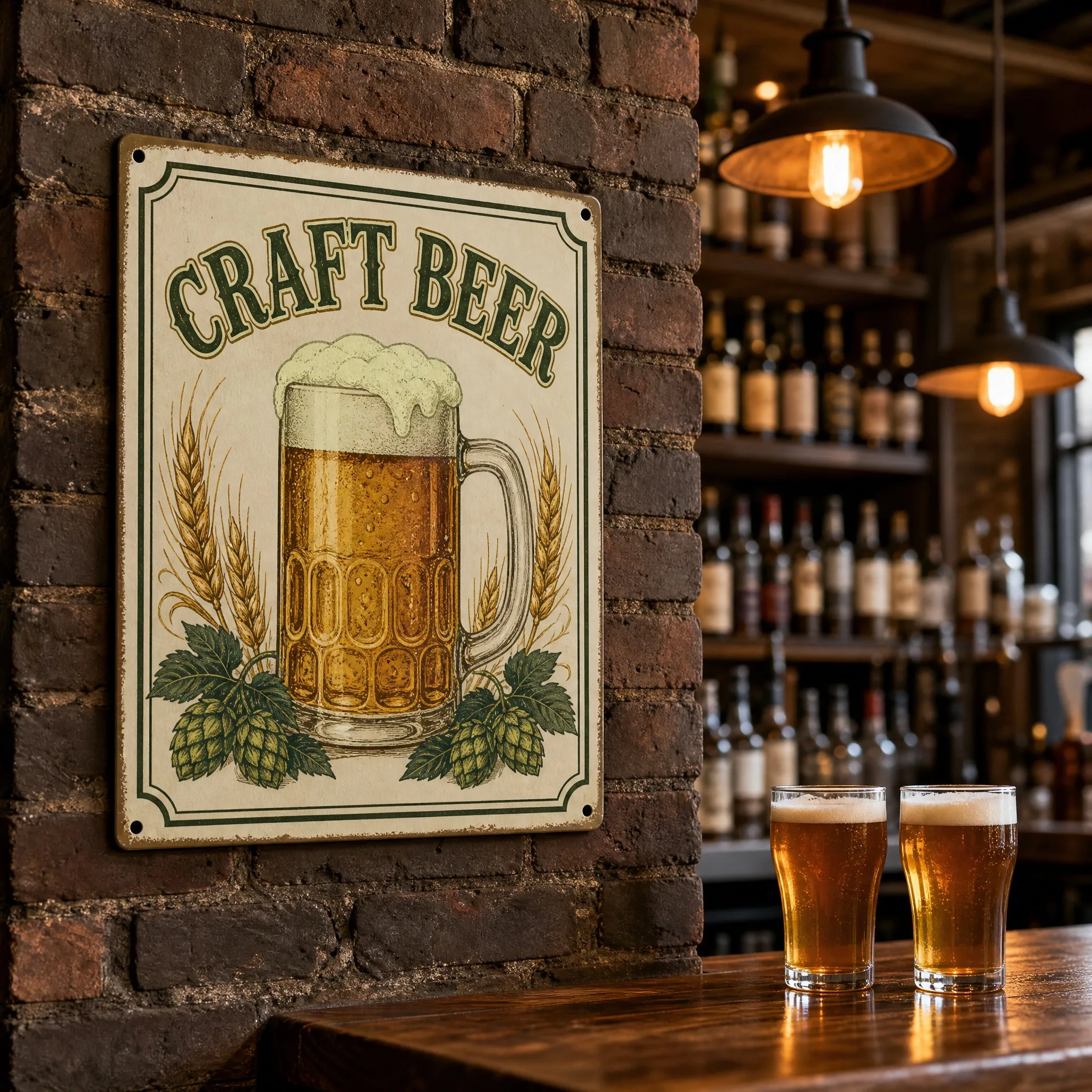 Glow in the dark beer sign hanging on a brick wall in a vintage pub - Lifestyle