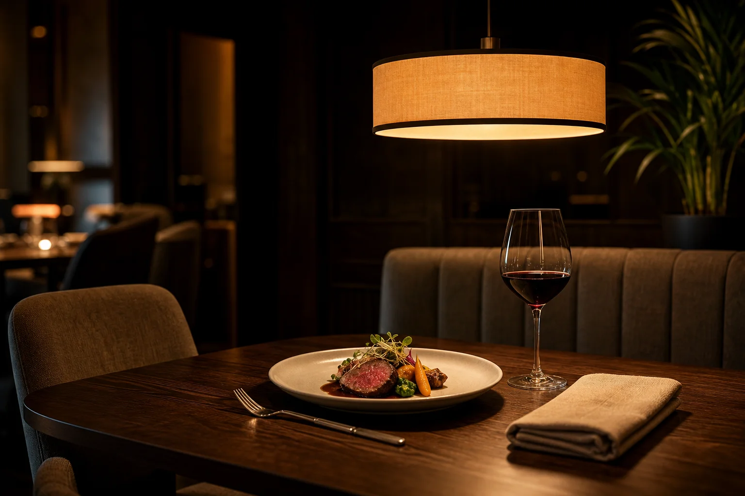 Decorative pendant lighting above a restaurant table in a hotel dining room
