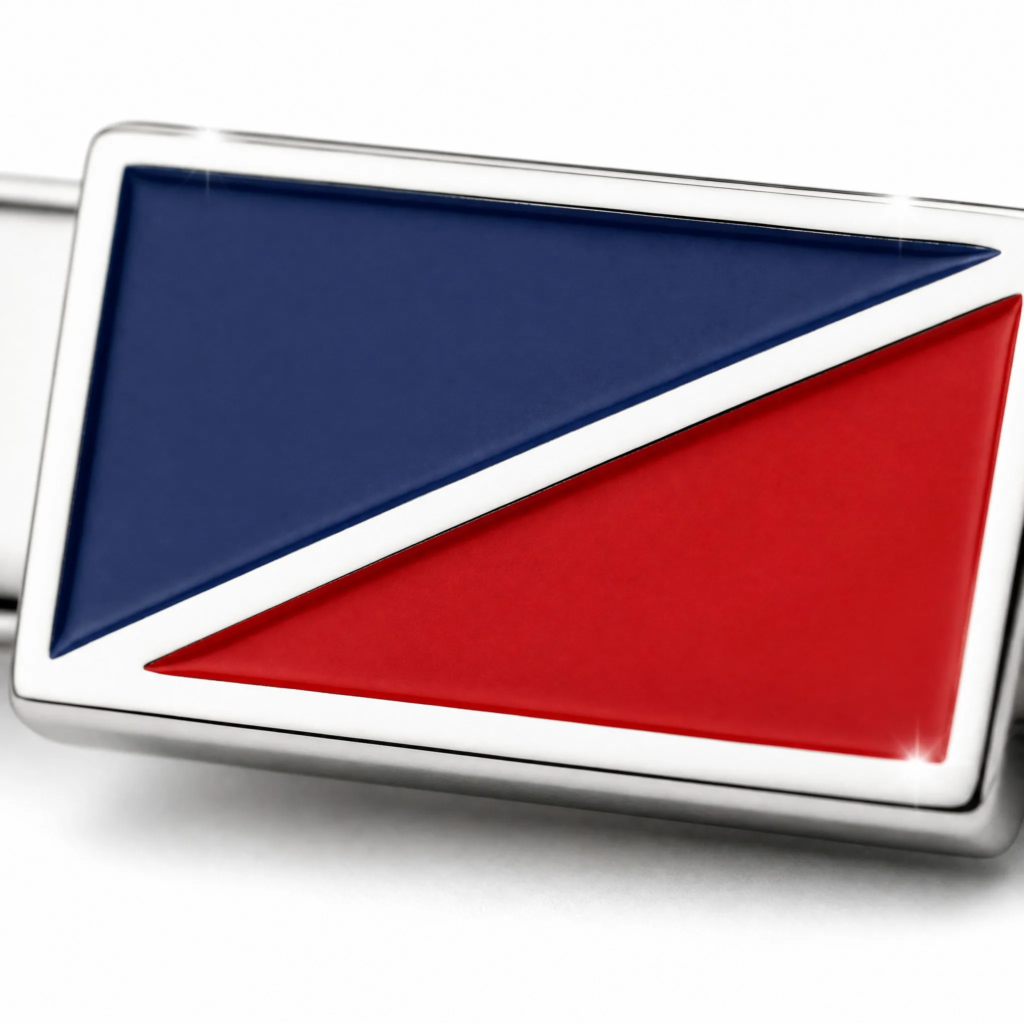 Macro detail of soft enamel diagonal emblem