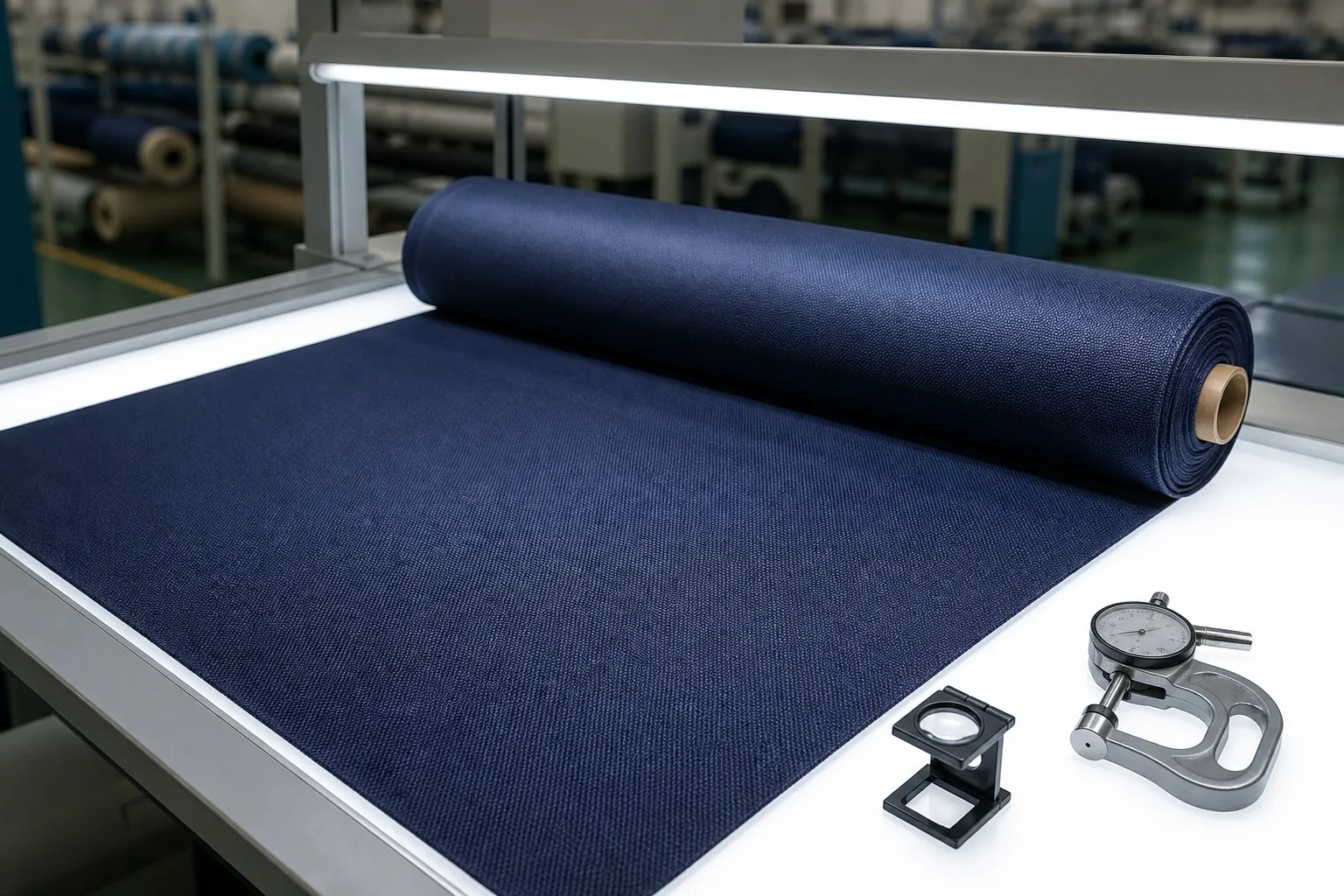 Quality inspection bench with navy oxford fabric laid under a light table with a thickness gauge