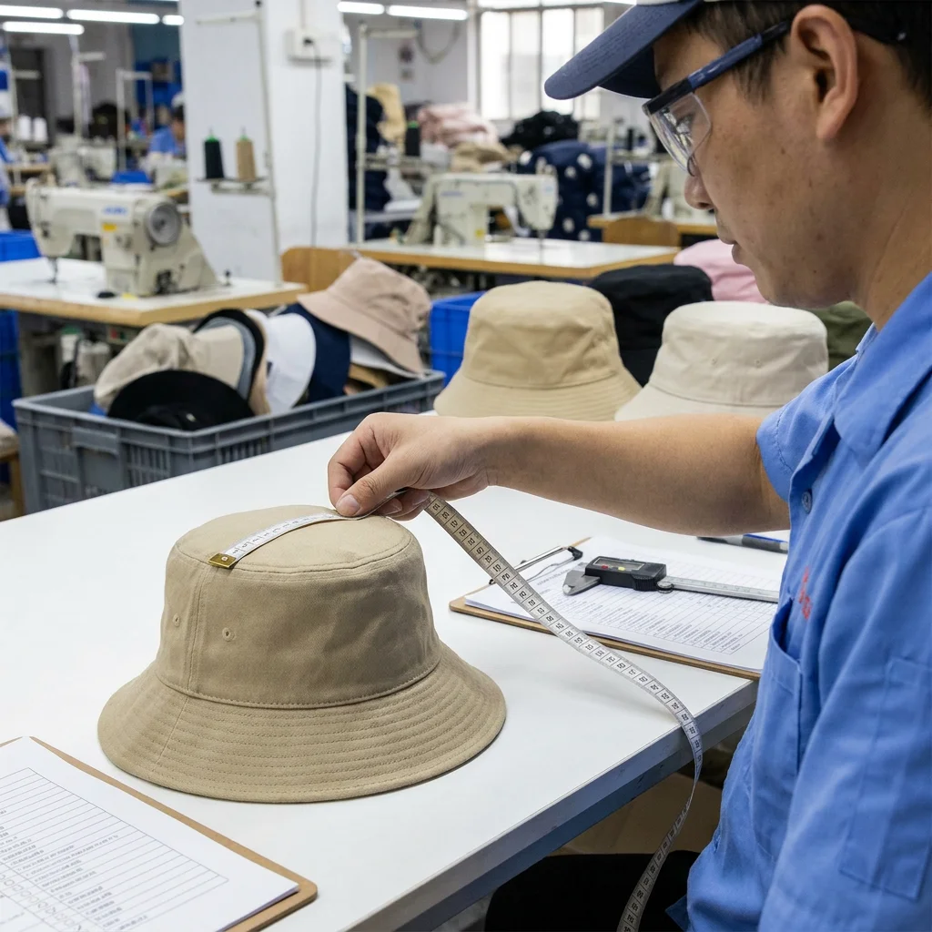 Bucket hat manufacturing quality control: QC inspector measuring crown circumference for wholesale order