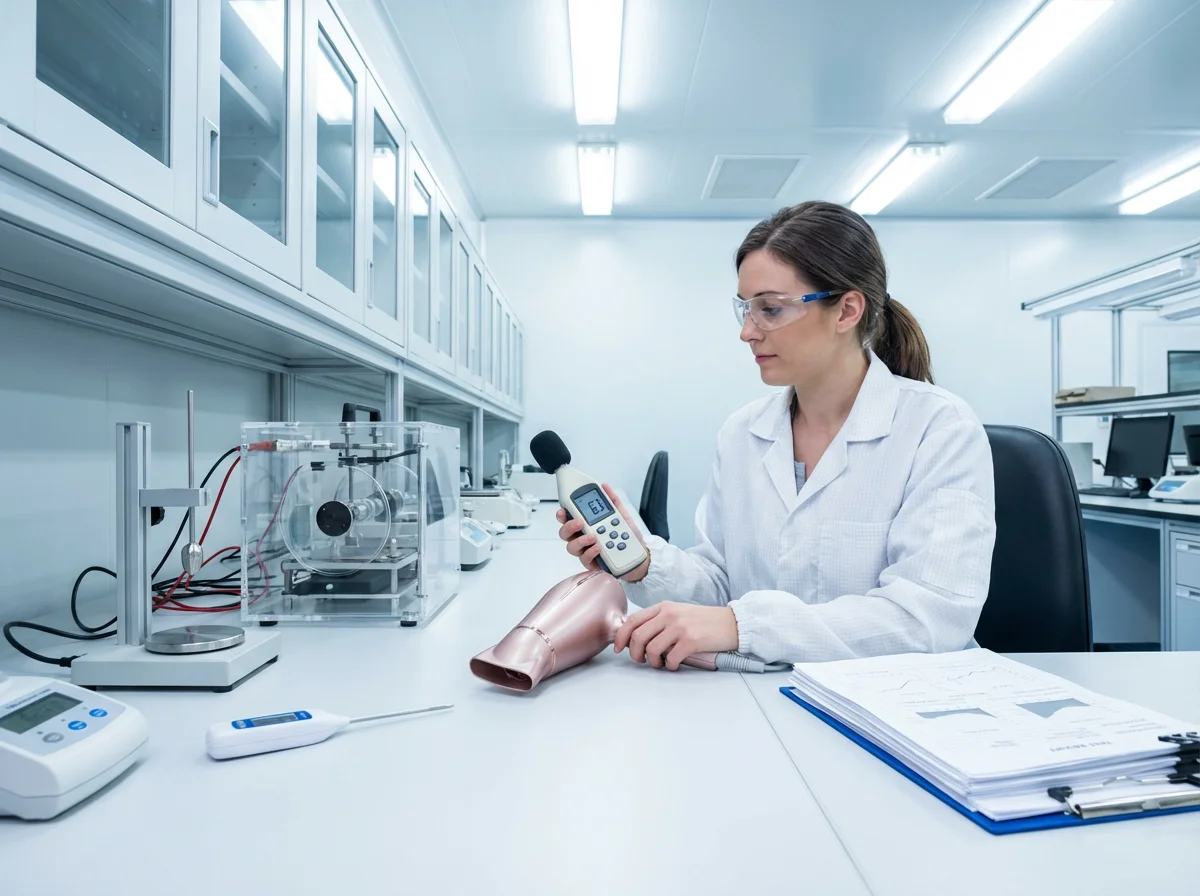Mesky QC engineer testing hot air brush noise levels in quality control laboratory