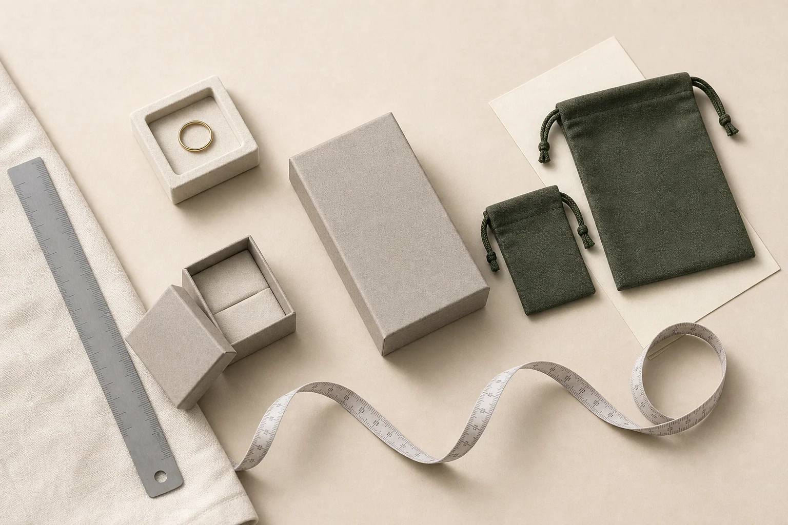 Overhead view of four jewelry packages at four different sizes on a warm oatmeal surface: a small open ring box, a mid-size closed rectangular box, two fabric drawstring pouches of different sizes, a shallow insert tray holding a ring, and a soft measuring tape and steel ruler laid alongside them