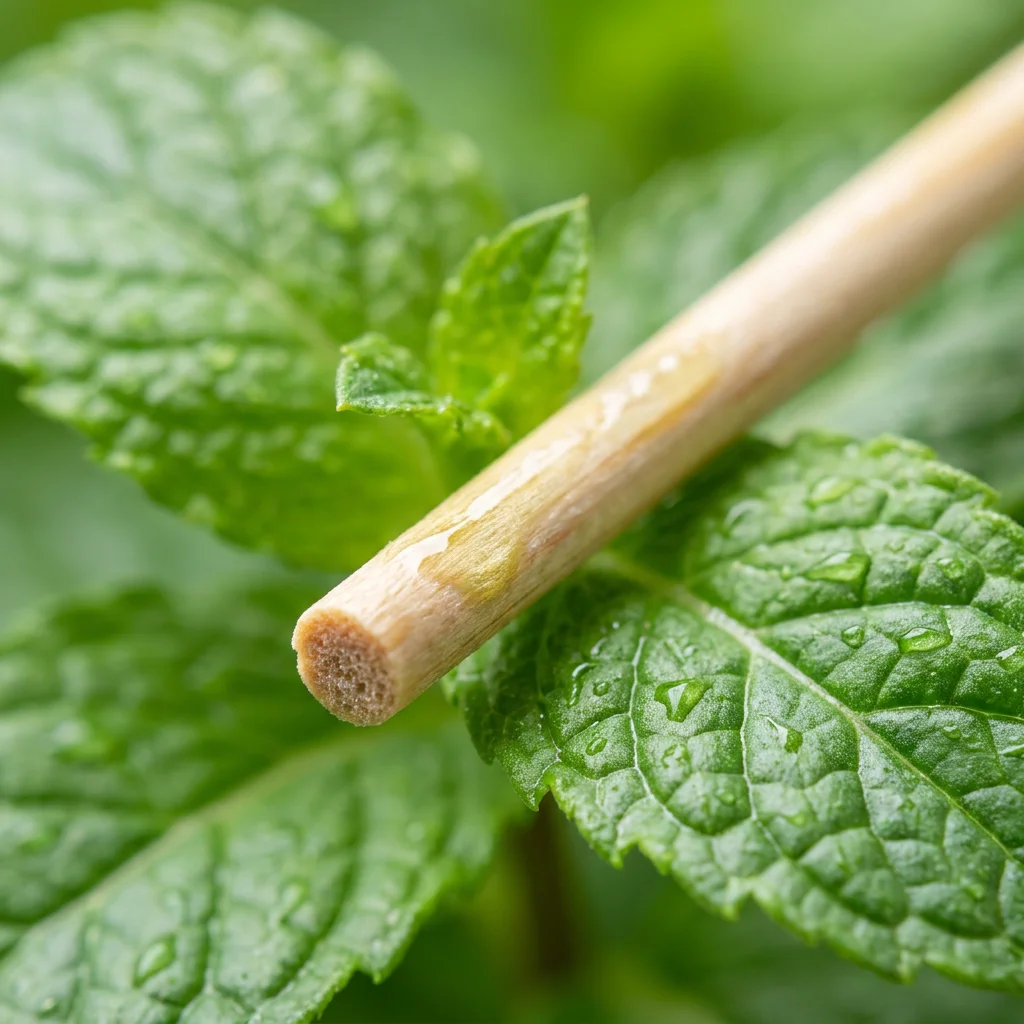 Close-up of natural mint flavored toothpick on fresh mint leaves with water droplets