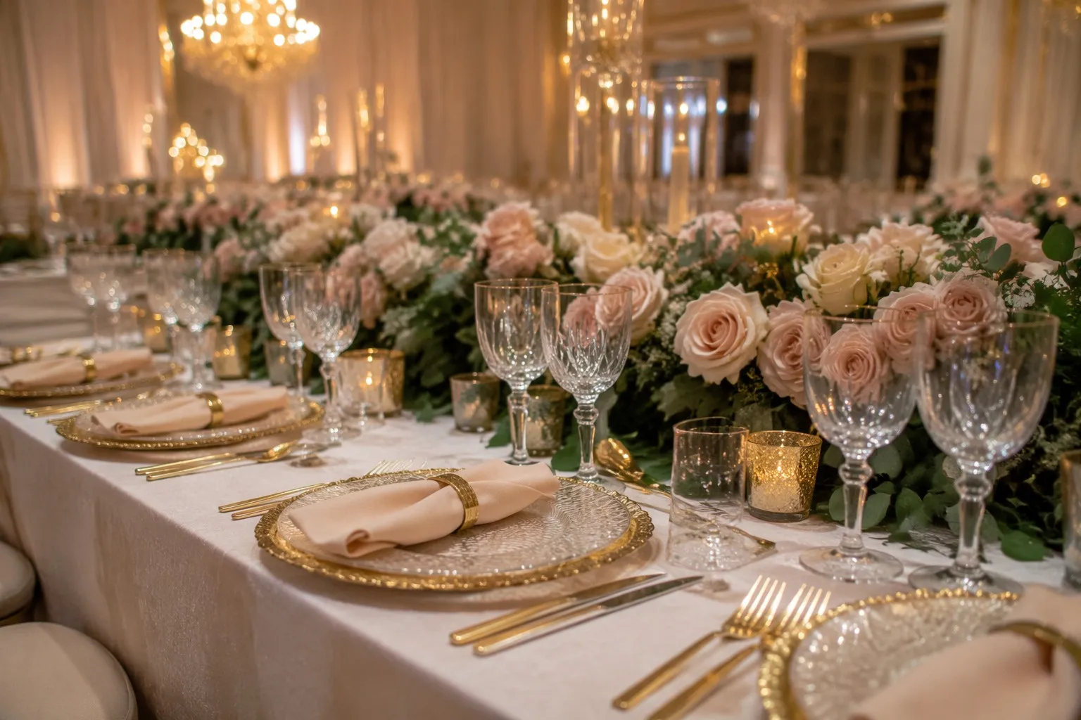 Luxury wedding banquet table with gold charger plates crystal glassware and floral centerpiece