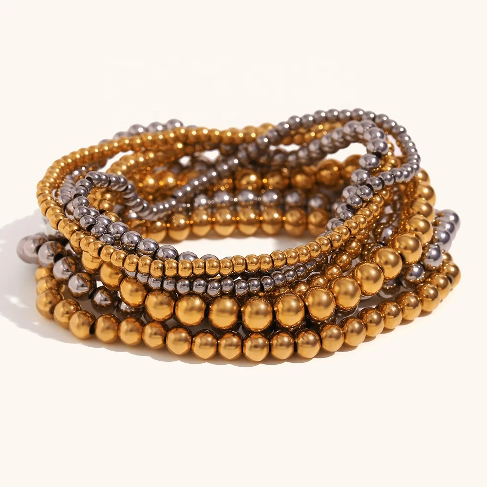 

Ding Ran 18k Gold Plated Stainless Steel Jewelry Set Tarnish Free Elastic Beaded Bracelets For Women