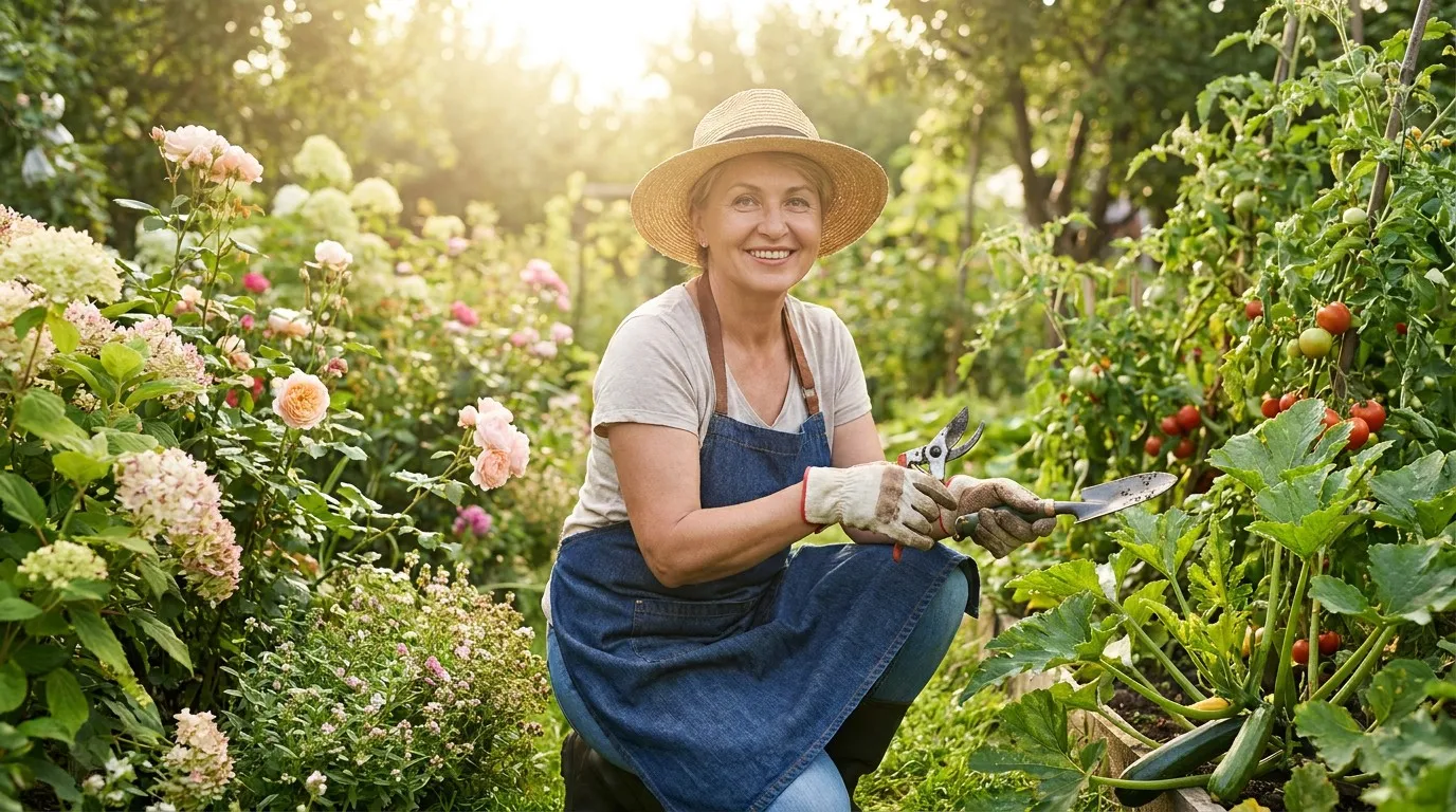 Gardener working in a lush summer garden