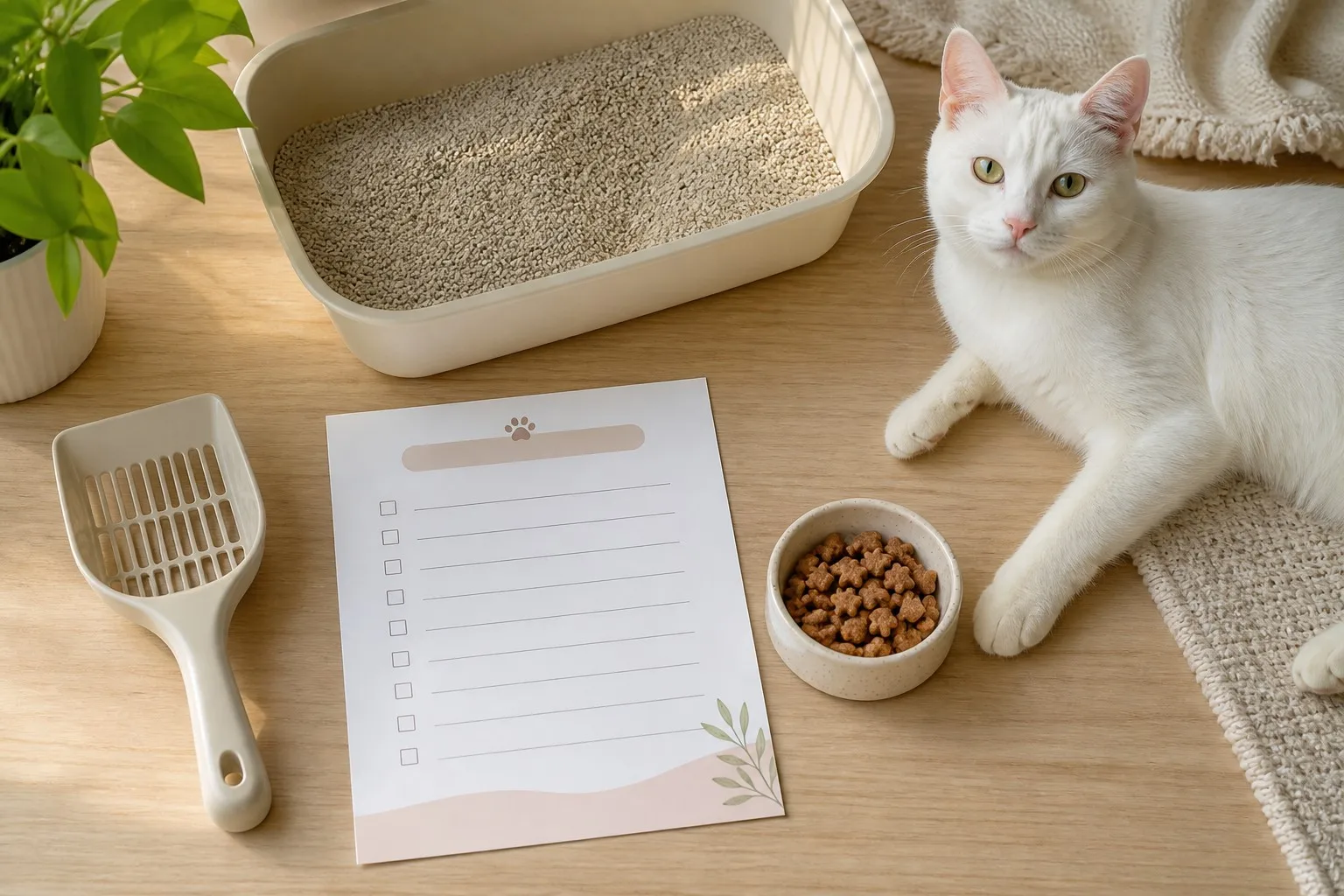 A cozy flat-lay of litter training essentials: scoop, fresh clumping litter, a training checklist, treats, and a relaxed white cat