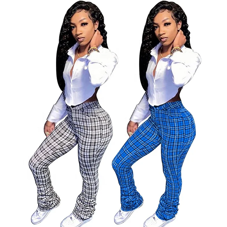 

Fashion Casual Printed Pleated Flare Trousers Leggings Sweatpants Women Plaid Stacked Pants, Blue / gray