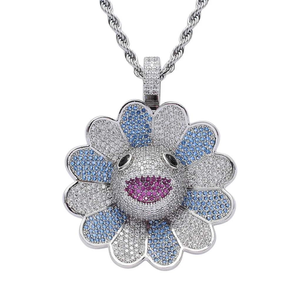 

2020 Fashion Zircon Hiphop Colorful Murakami Rotating Sunflower Pendant Necklace, As the picture