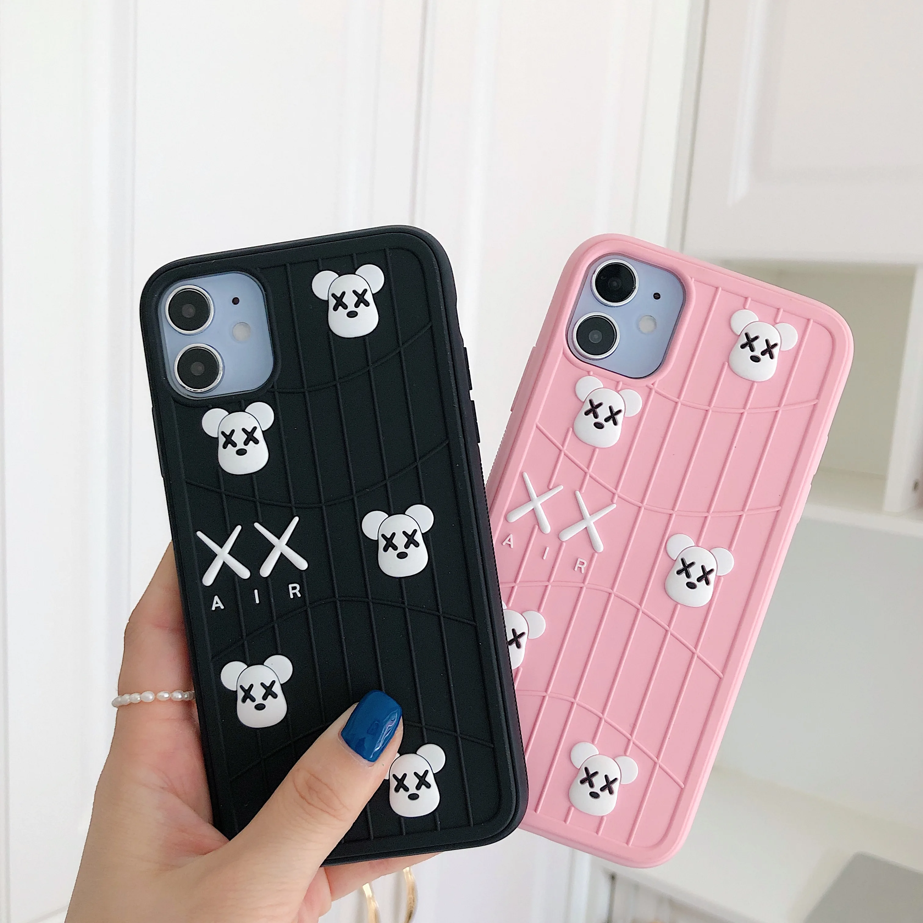 

Lovely Fashion Ultra Slim Soft Shockproof TPU Bear Black pink phone case For iPhone 11 pro max Cartoon cover XS XR MAX 7 8 plus, Picture color have stock , accept customized
