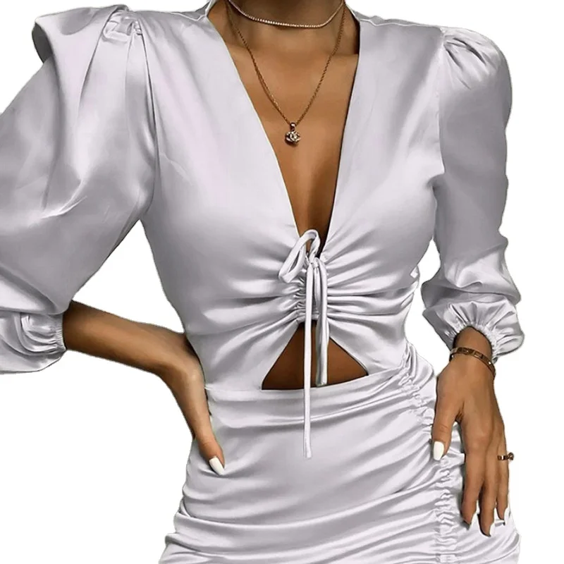 

Hot Style 2020 Summer New apparel Bubble Sleeve Sexy V Neck Dress Women Pleated Drawstring Asymmetrical Short Dress